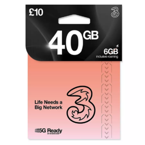 Three 40GB New Pay As You Go SIM