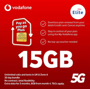 Vodafone 15GB Pay As You Go Plus SIM Card