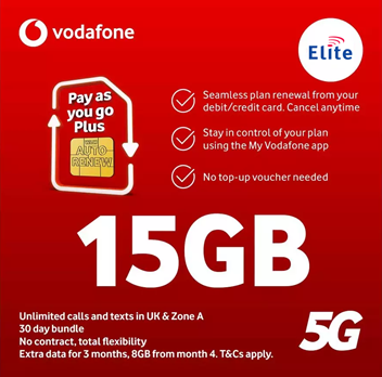 Vodafone 15GB Pay As You Go Plus SIM Card